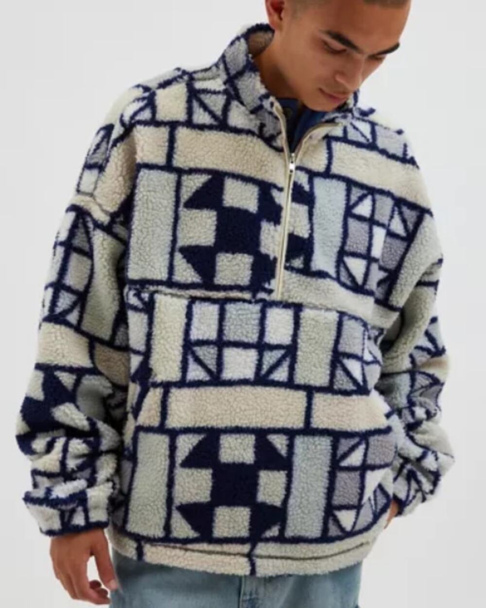 Urban Outfitters BDG Scotty Printed Fleece Half-Zip Mock Neck Sweatshirt Neutral